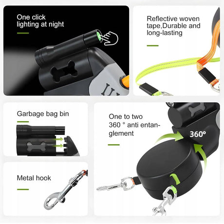 Retractable dual dog leash with swivel connector in black and grey – product view 6