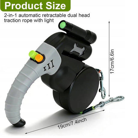 Retractable dual dog leash with swivel connector in black and grey – product view 12
