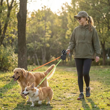Retractable dual dog leash with swivel connector in black and grey – product view 7