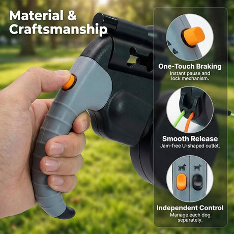 Retractable dual dog leash with swivel connector in black and grey – product view 8