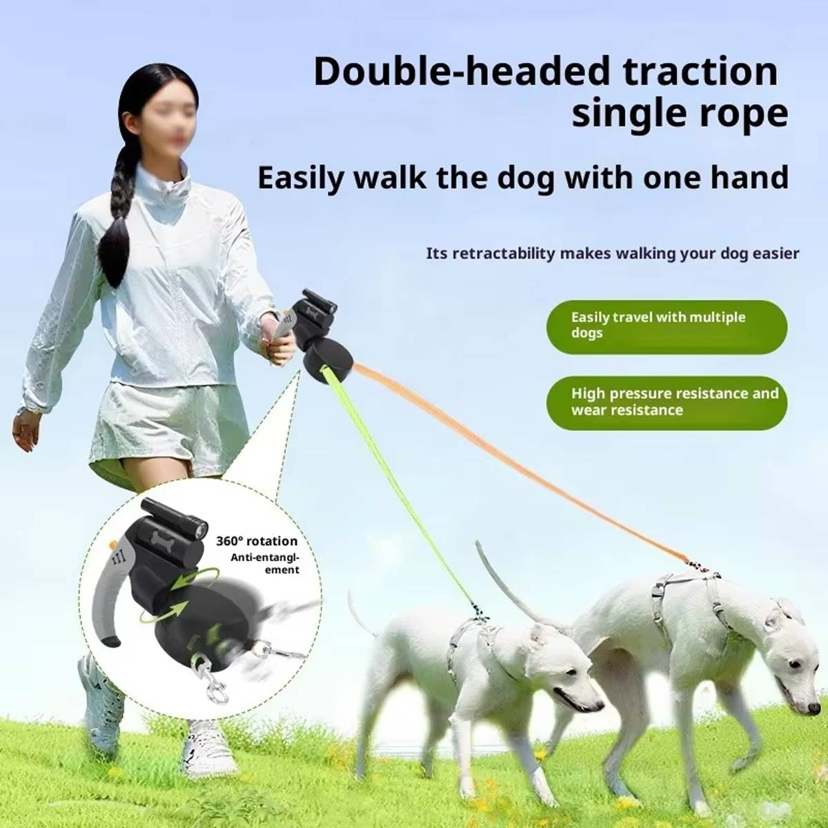 Dual Dog Leash - Retractable One-Leash-Two-Pets Walking Cord