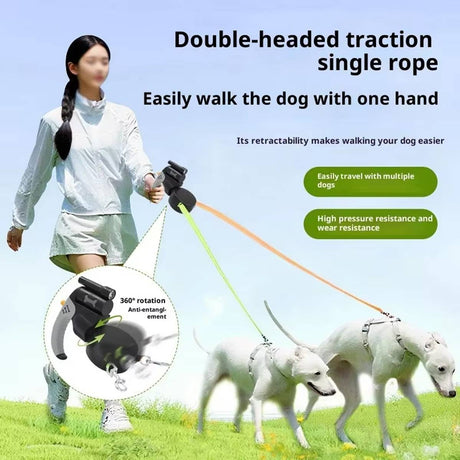 Retractable dual dog leash with swivel connector in black and grey – product view 9