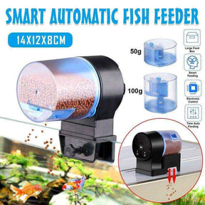 Fish food auto feeder mounted on an aquarium with adjustable dispensing settings