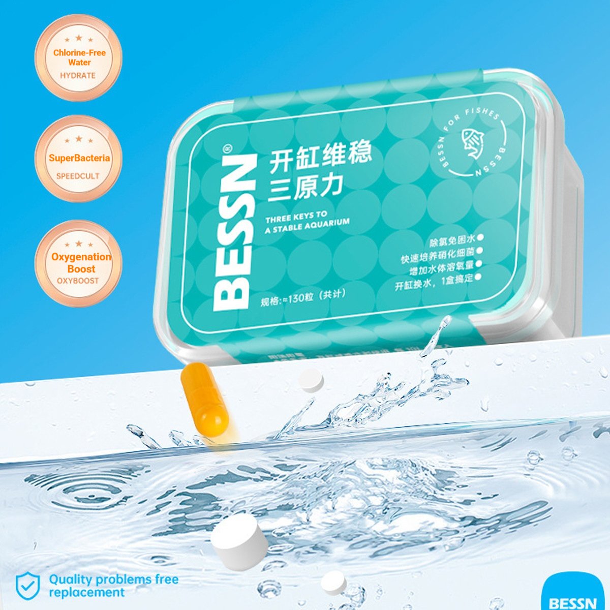 BESSN 3-in-1 Aquarium Water Conditioner Tablets for Fish Tanks
