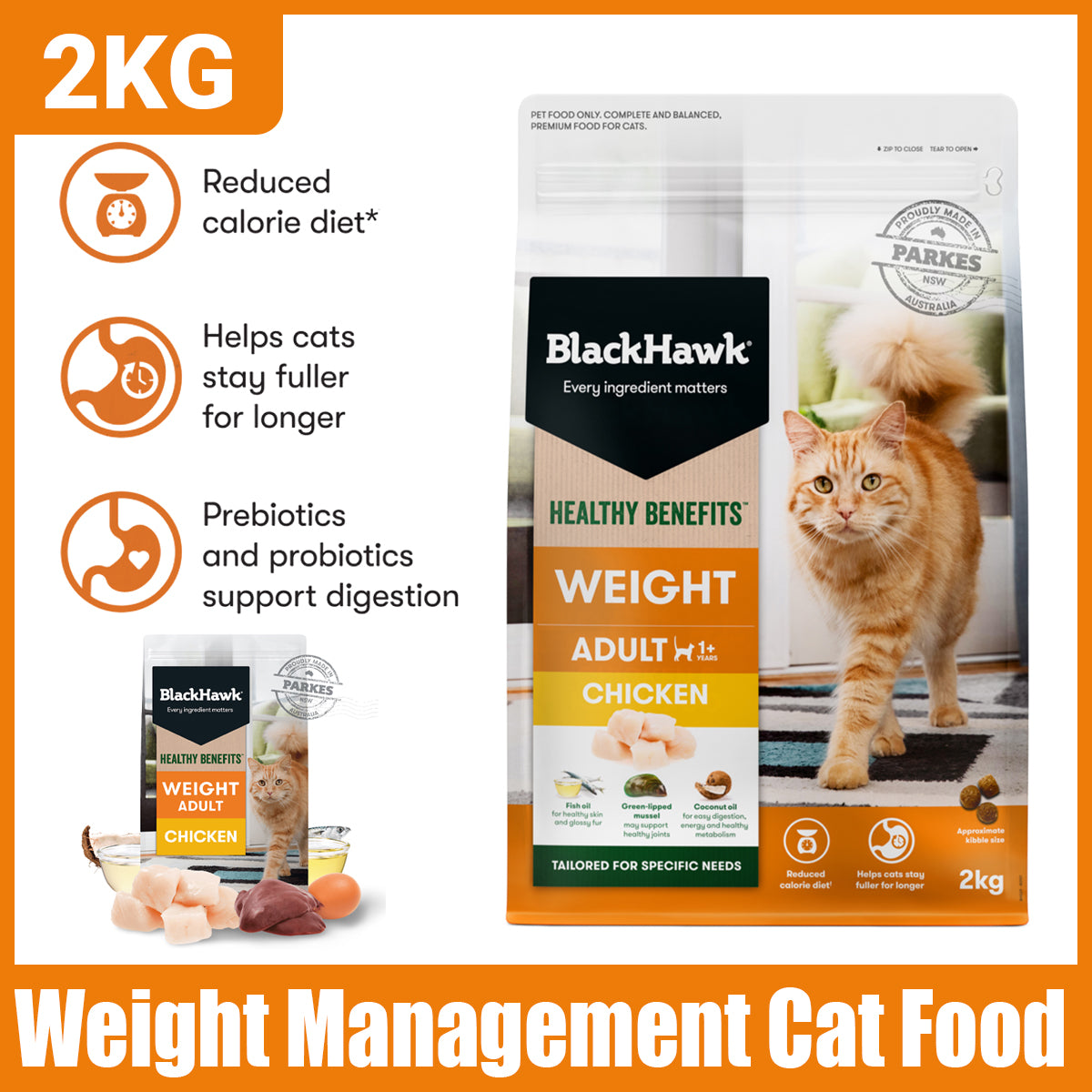 Black Hawk Healthy Benefits Dry Cat Food Adult Weight Chicken 2kg