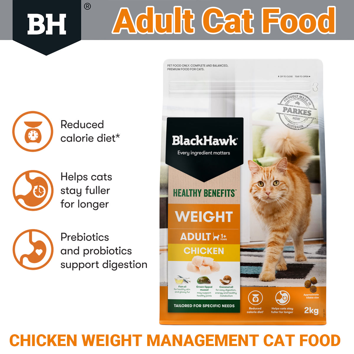 Black Hawk Healthy Benefits Dry Cat Food Adult Weight Chicken 2kg