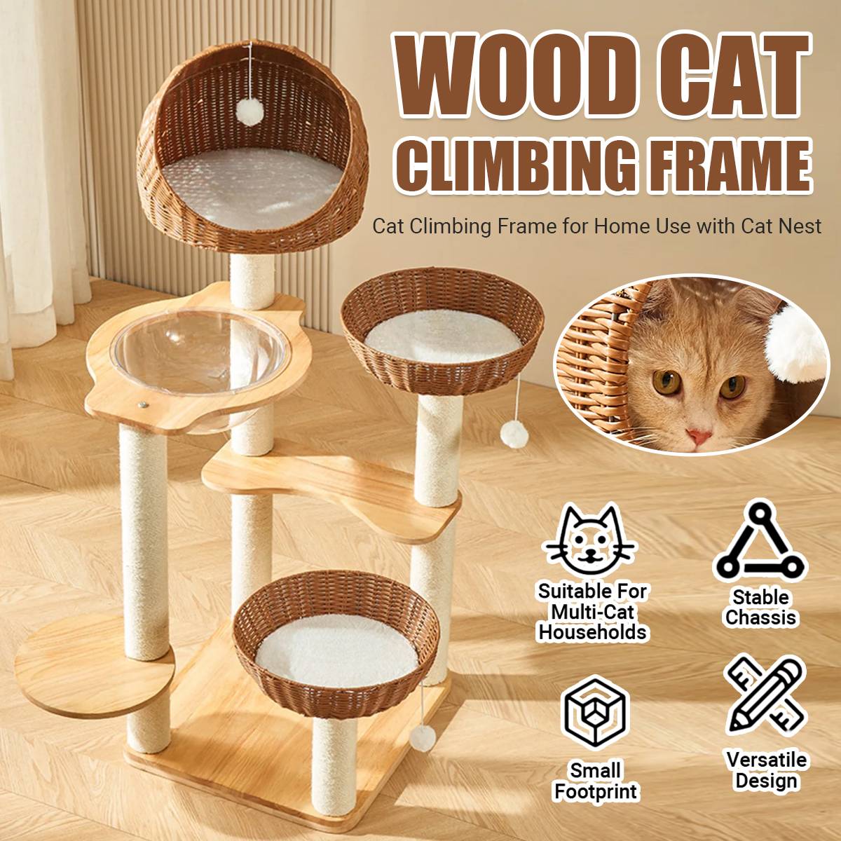 Wood Cat Climbing Frame With Rattan Beds