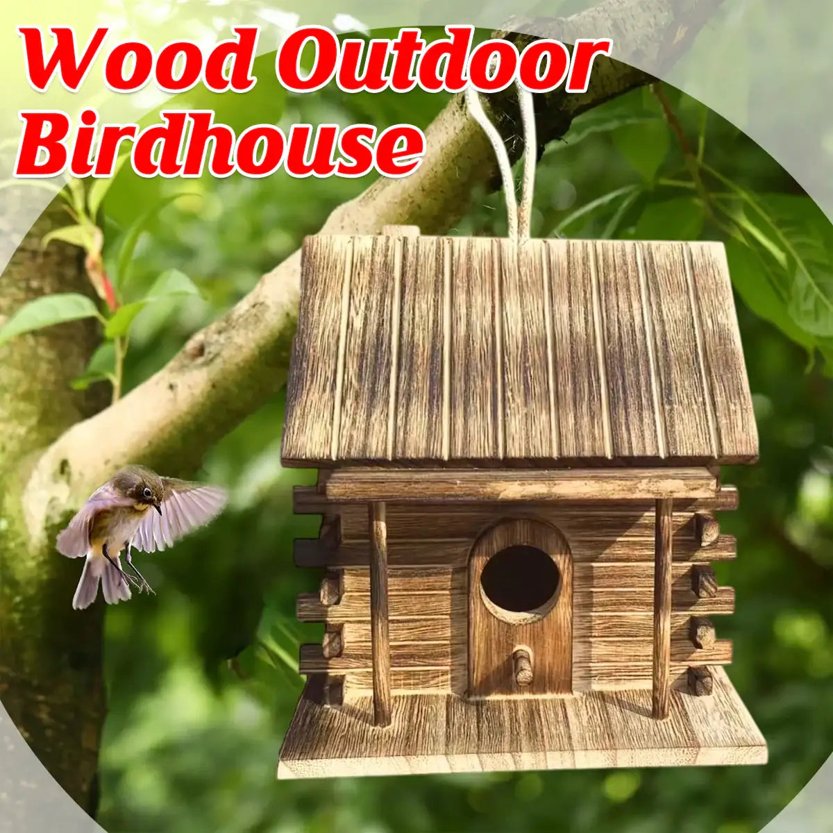Rustic wooden birdhouses hanging from garden tree

