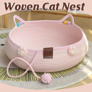 Hand-Woven Cotton Cat Nest Bed with Toy Ball for Kittens Pink