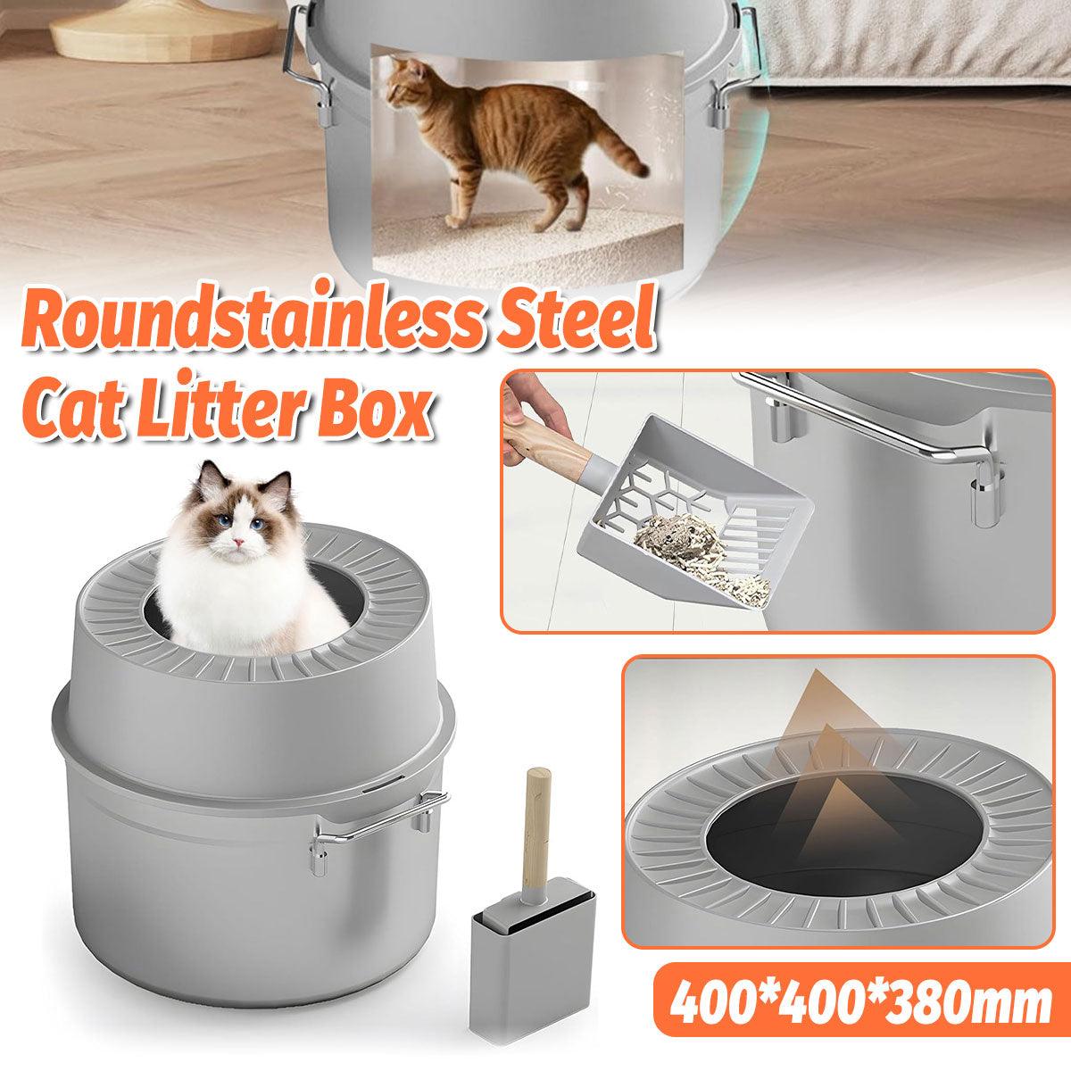 Stainless steel cat litter box with top entry and scoop