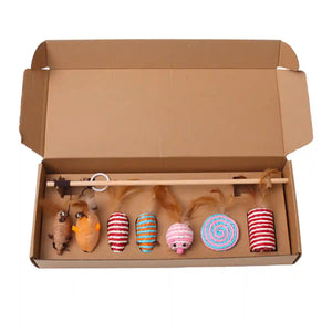 Cat Feather Toy Set with Wooden Wand and Bell