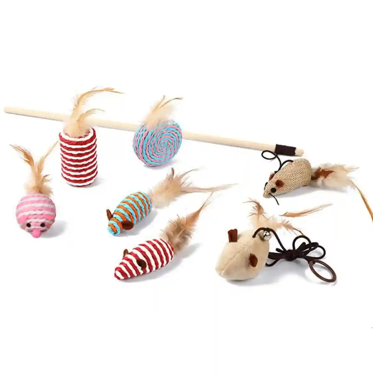 Cat Feather Toy Set with Wooden Wand and Bell