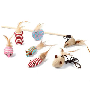 Cat Feather Toy Set with Wooden Wand and Bell