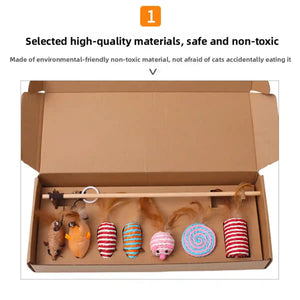 Cat Feather Toy Set with Wooden Wand and Bell