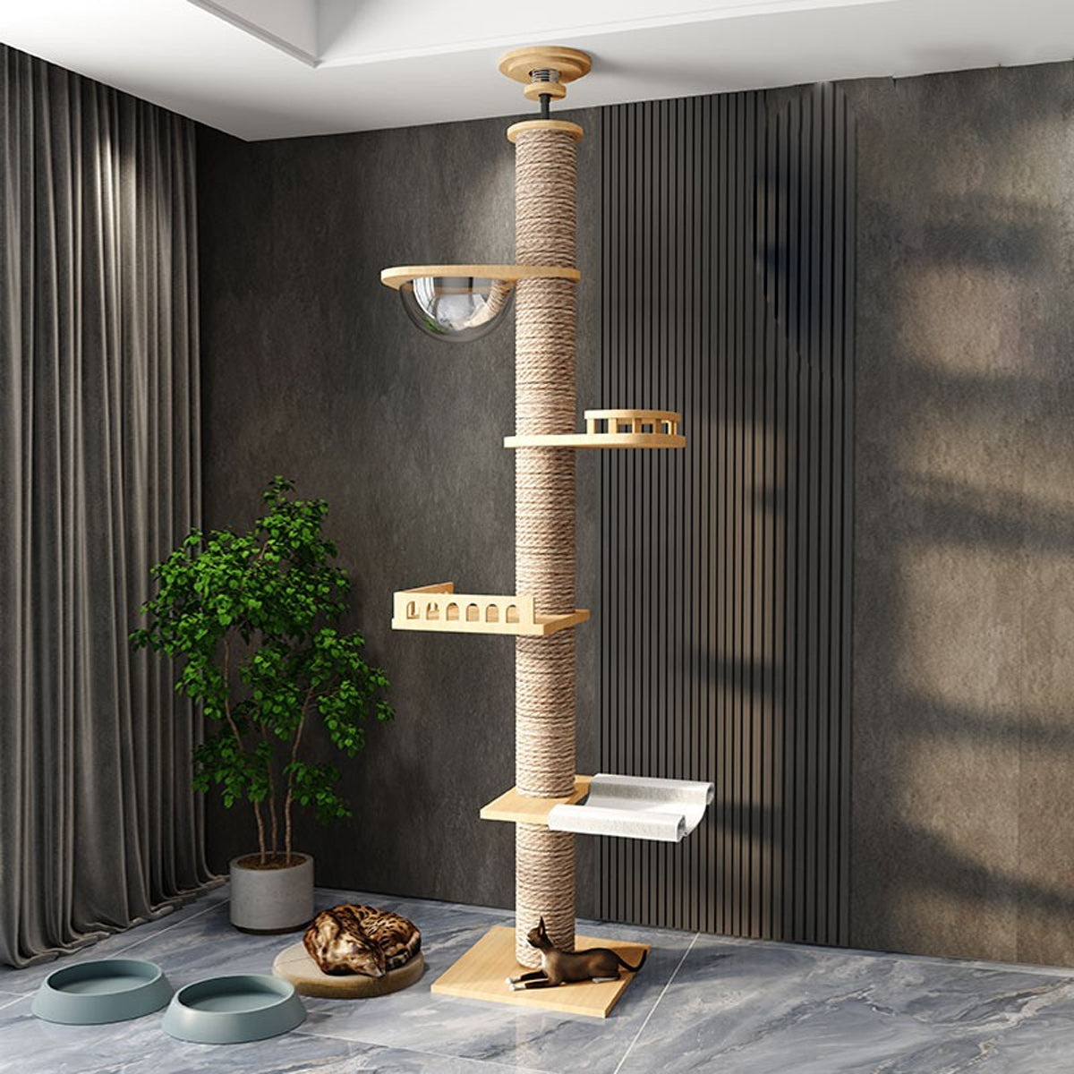 Adjustable Floor-to-Ceiling Cat Tree with Solid Wood Platforms