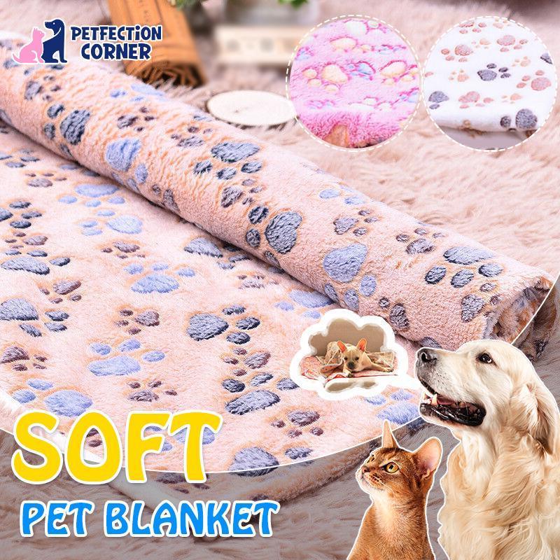 Dog blanket for sofa, soft fleece pet blanket, paw print design in White, Pink, and Brown.
