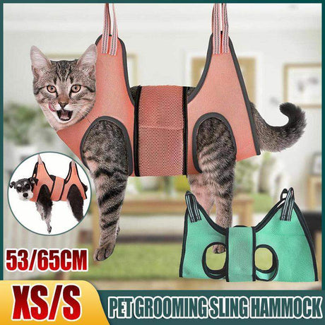 Cat suspended in a soft pet grooming hammock for nail trimming

