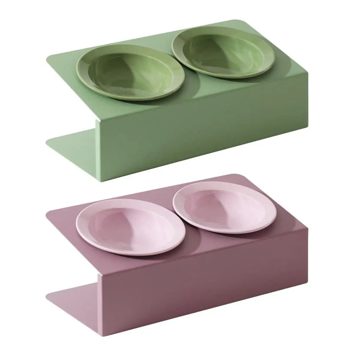 Ceramic Double Cat Bowl with Tilt Stand Elevated Pet Feeder for Comfort