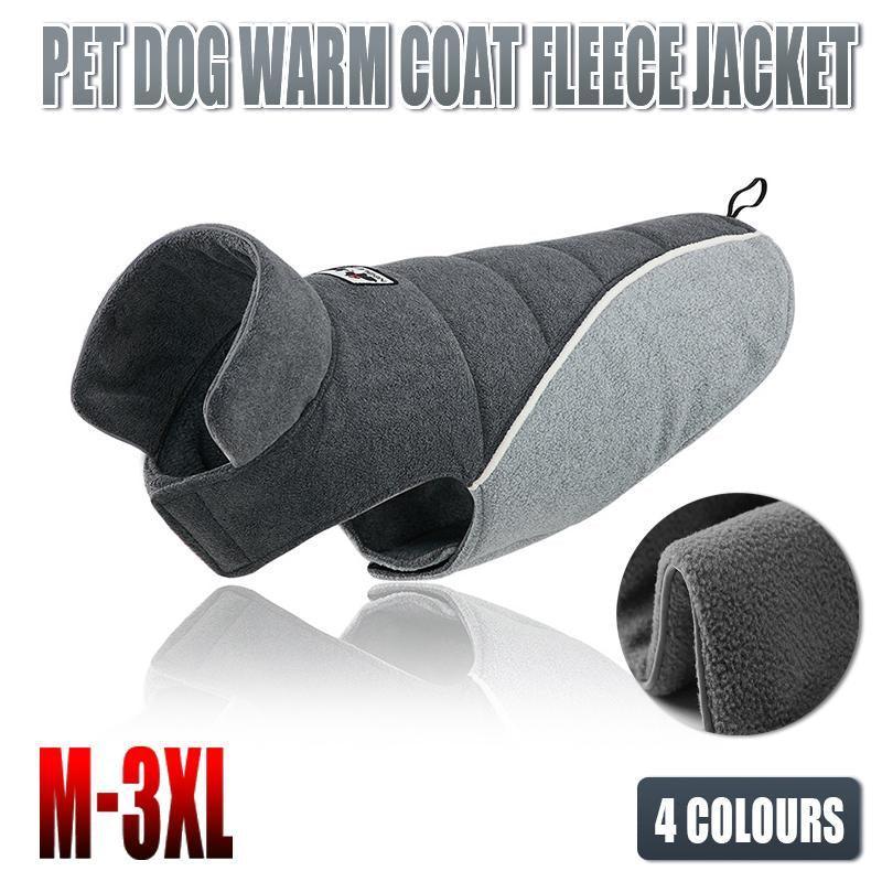 Warm and secure fleece dog jacket with tail-fix design in grey