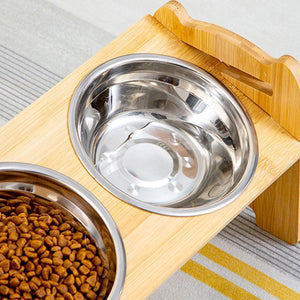 Adjustable Bamboo Pet Feeder with Stainless Steel Bowls