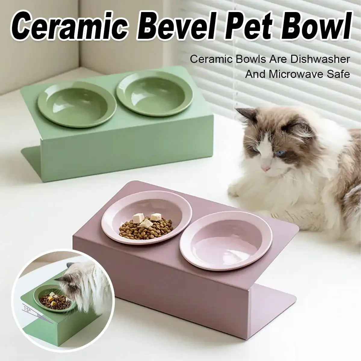 Ceramic Double Cat Bowl with Tilt Stand Elevated Pet Feeder for Comfort