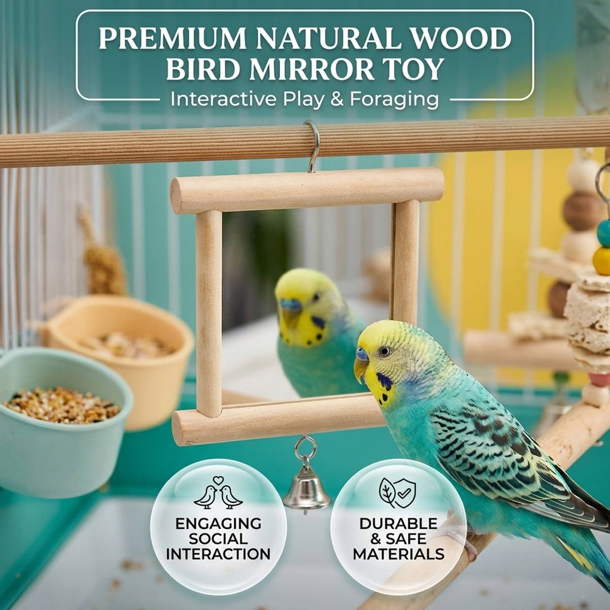 Wooden Bird Mirror Toy with Bell - Image 2
