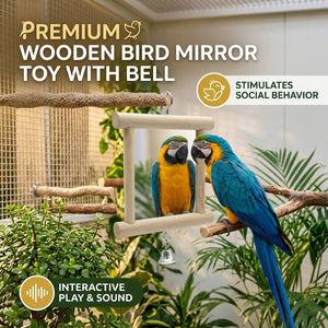 Premium Wooden Bird Mirror Toy with Bell for Parrots