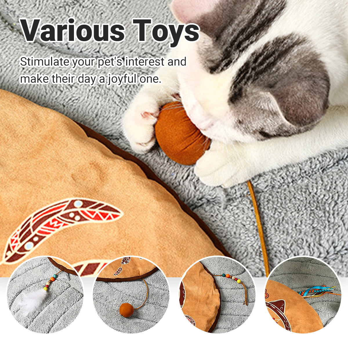 Bohemian Pet Mat Cat Play Rug With Toys & Non-Slip Design